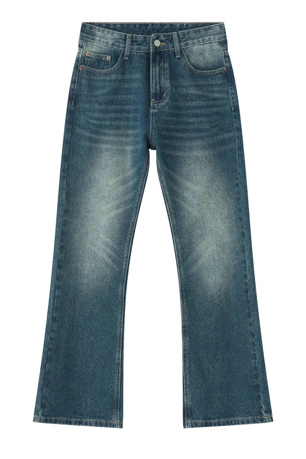 Relaxed flare denim trousers in light blue wash with faded details and a casual fit.