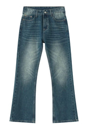 Relaxed flare denim trousers in light blue wash with faded details and a casual fit.