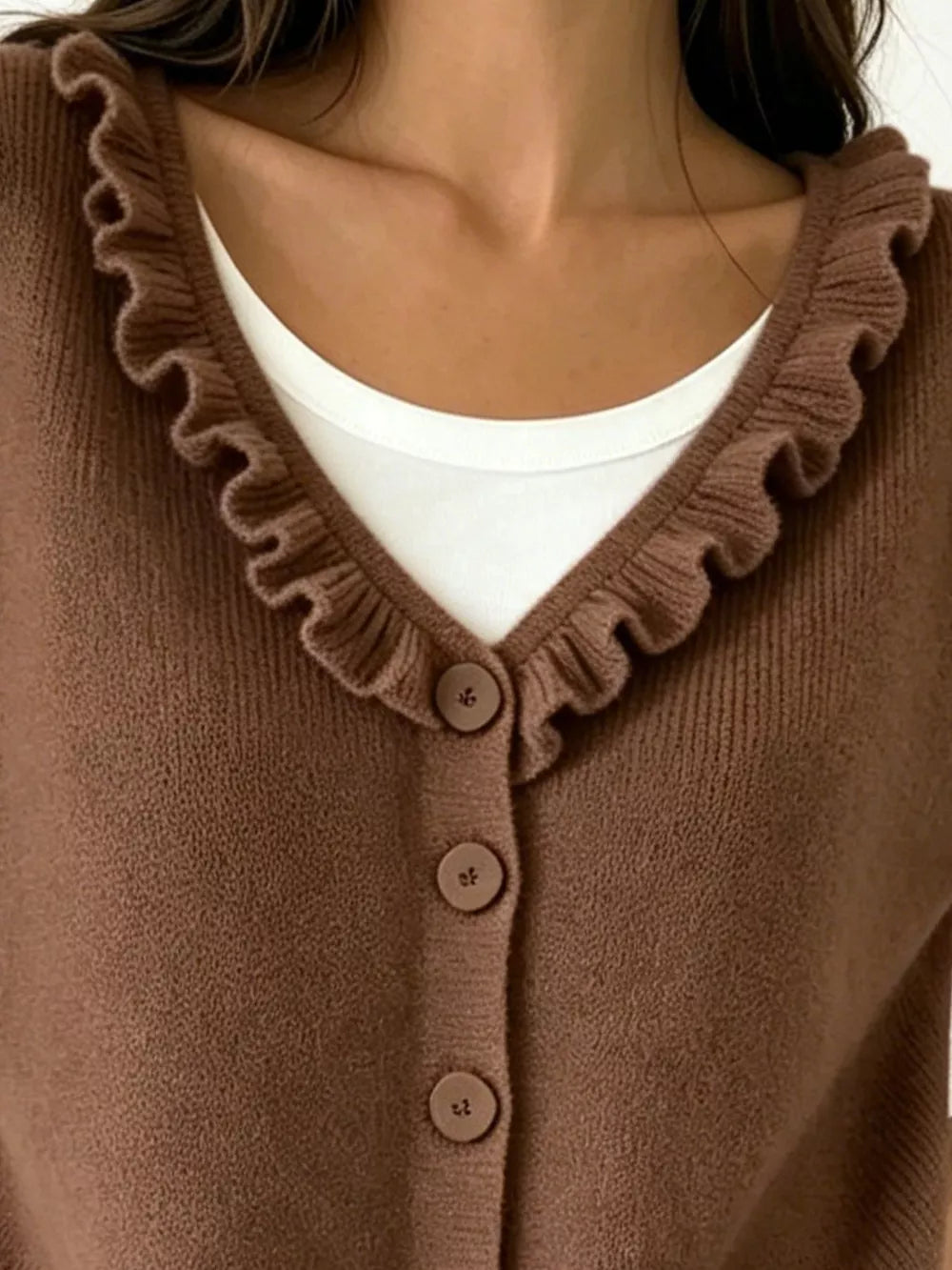Ruffled Neckline Button-up Cardigan in White, view 14