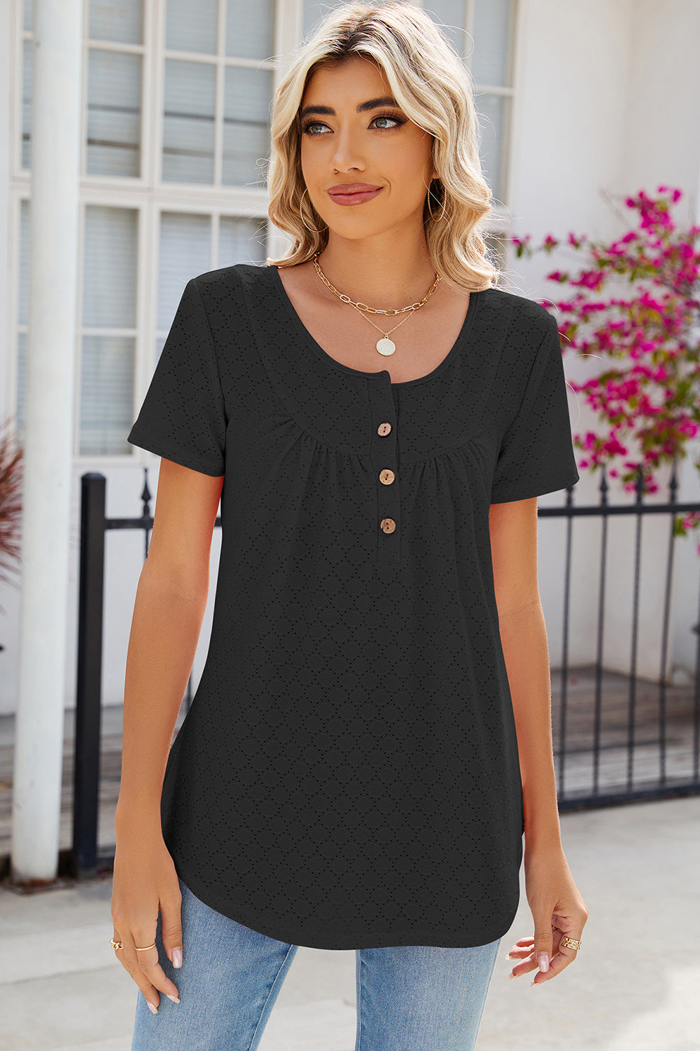 Black eyelet yoke gathered henley shirt with button detail and scoop neck