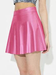 Fuchsia pink A-line mini skirt with a shiny finish and flared hem.