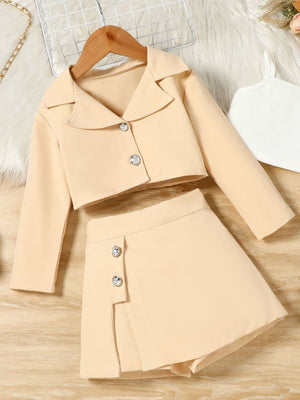 Toddler khaki blazer and A-line skort set with decorative buttons