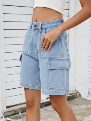 Light blue denim Bermuda cargo shorts with multiple pockets.