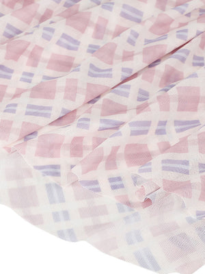Ruched tied maxi dress in white with pink and purple geometric pattern, 100% polyester mesh fabric detail.