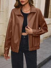 Brown faux leather bomber jacket with zip front and elastic cuffs
