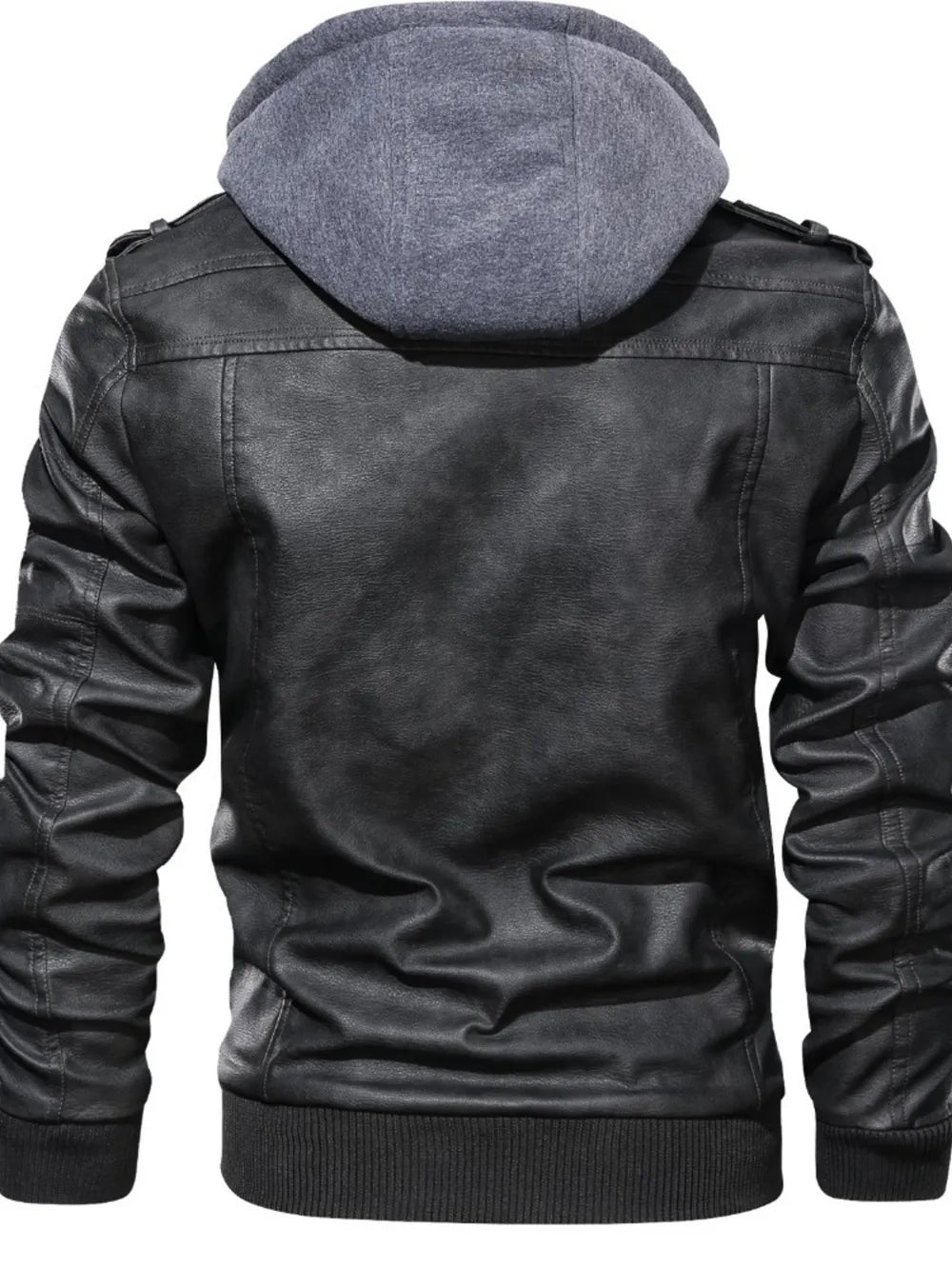 Men's Full Size Hooded Faux Leather Motorcycle Jacket in Black, close-up detail