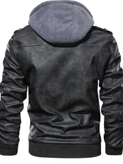 Men's Full Size Hooded Faux Leather Motorcycle Jacket in Black, close-up detail