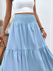 Light blue ruffled smocked waist maxi skirt with tiered hem