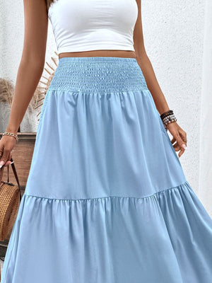 Light blue ruffled smocked waist maxi skirt with tiered hem