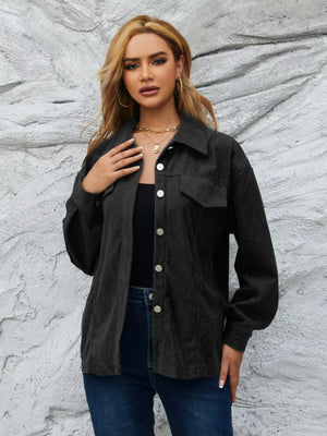 Black textured corduroy button-up jacket with chest pockets and silver buttons