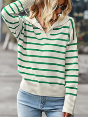 Striped polo knit sweater in cream with green stripes, featuring a collar and ribbed cuffs.