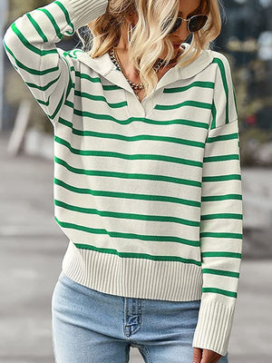 Striped polo knit sweater in cream with green stripes, featuring a collar and ribbed cuffs.