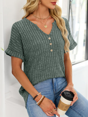 Ribbed knit short sleeve t-shirt in army green with decorative buttons and a V-neck.
