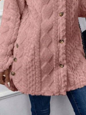 Pink fuzzy textured coat with diamond pattern and button detail