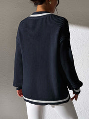 Dark Navy ribbed knit sweater with white varsity trim on neckline and hem.
