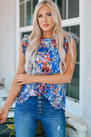 Painterly ruffle sleeve blouse in multi-color abstract print with scoop neck.