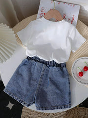 White short sleeve tee with elastic waist denim shorts and bowknot detail