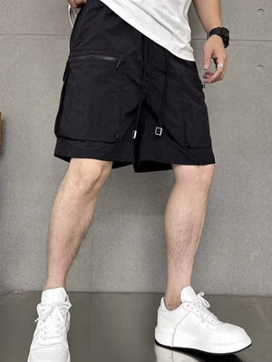 Men's black lightweight multi-pocket cargo shorts with adjustable drawstring and zippered pockets.