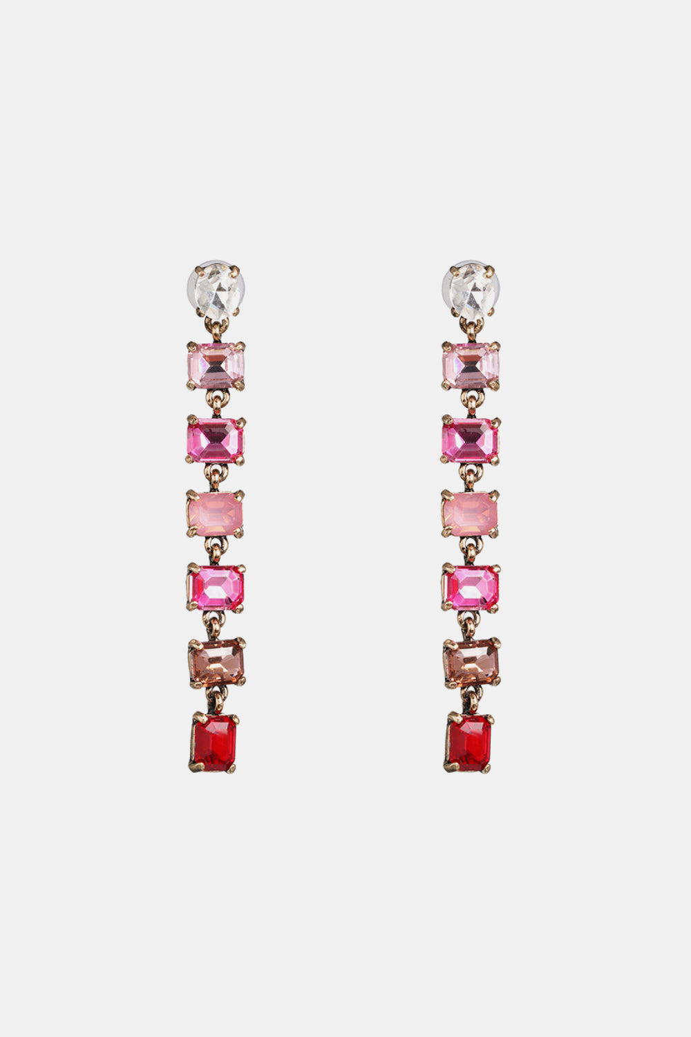 Ombre gemstone cascade earrings with pink and red rectangular stones and a clear top stone.