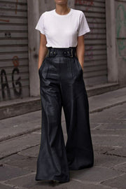 Black leather wide-leg pants with double buckle belt and high waist