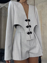 Pinstripe Cropped Blazer And Pleated Shorts Set in Light Gray, front view