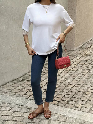 Lace Trimmed Casual T-shirt in White, model styling view