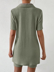 Sage ribbed polo shirt and shorts set with short sleeves and collar