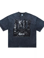 Dark gray distressed cotton crew neck t-shirt with vintage graphic print of figures and a car.