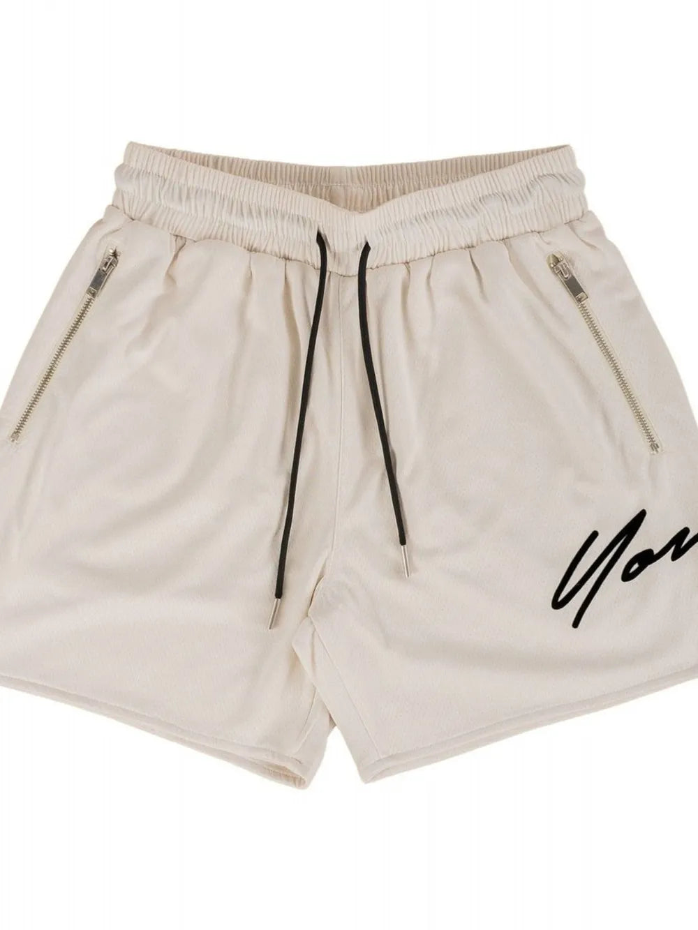 Beige BigFit jogger shorts with drawstring, zip pockets, and black script logo.