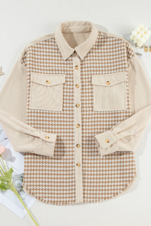 Beige houndstooth corduroy patchwork shacket with two chest pockets and button front.