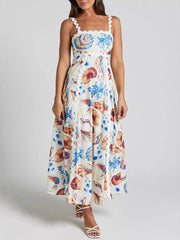 Seashell print midi dress with scalloped trim and square neckline.