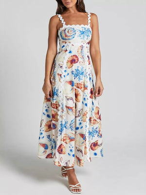 Seashell print midi dress with scalloped trim and square neckline.