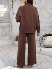 Brown textured resort shirt and wide leg pants set with buttoned collar.