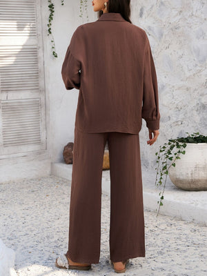 Brown textured resort shirt and wide leg pants set with buttoned collar.