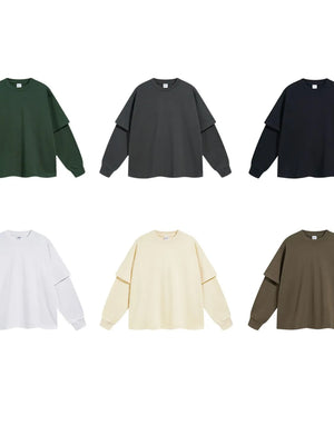 Layered sleeve oversized tee in black, brown, beige, white, dark gray, and black forest.