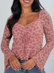 Pink floral lace blouse with sweetheart neckline and drawstring detail