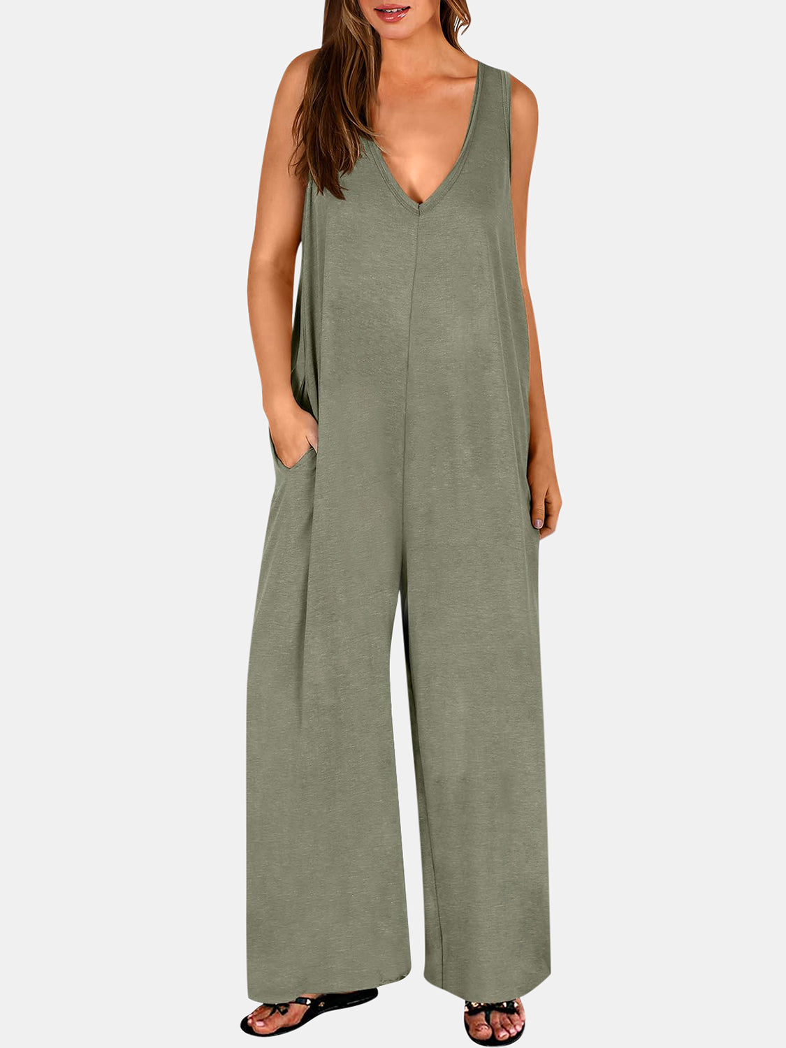 Flowing palazzo jumpsuit in matcha green with V-neck and side pockets
