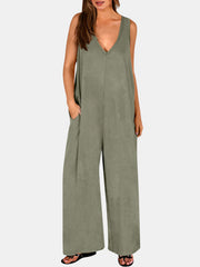Flowing palazzo jumpsuit in matcha green with V-neck and side pockets