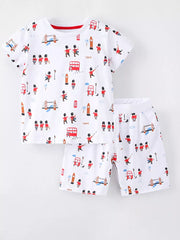 Toddler underwear set with London icons, red trim, short sleeves, and shorts.