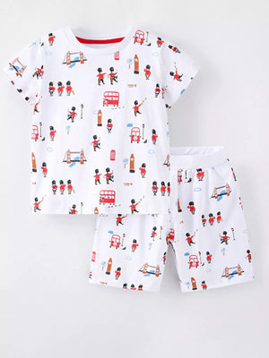 Toddler underwear set with London icons, red trim, short sleeves, and shorts.