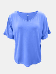 Relaxed V-neck dolman sleeve tee in Blue Purple with textured fabric.