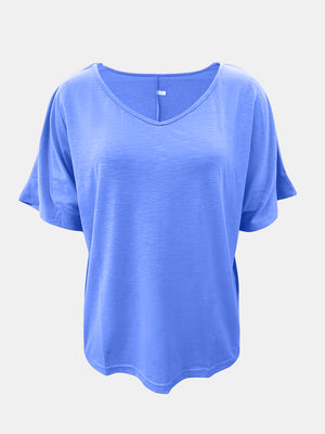 Relaxed V-neck dolman sleeve tee in Blue Purple with textured fabric.