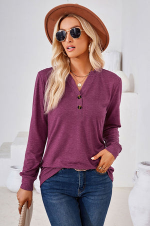 Burgundy henley neckline jersey top with button detail