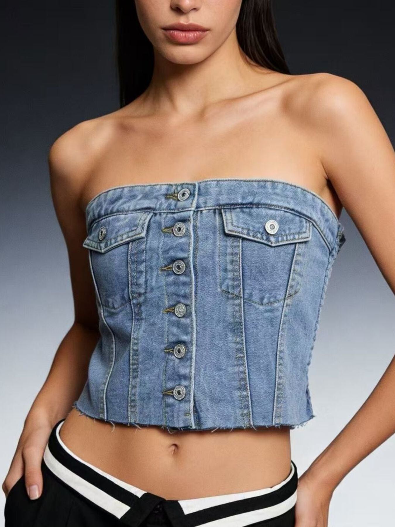 Denim cropped strapless top with button detailing and front pockets