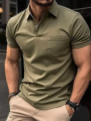 Moss green short sleeve polo shirt with chest pocket and button placket.
