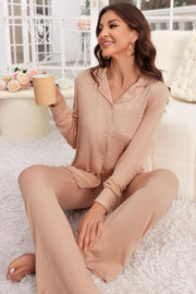 Apricot relaxed fit button-down pajama set with long sleeves and chest pocket.