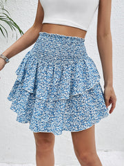 Smocked floral tiered mini skirt in sky blue with ruffled hem