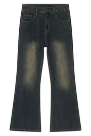 Faded dark wash denim flare jeans with a vintage look.