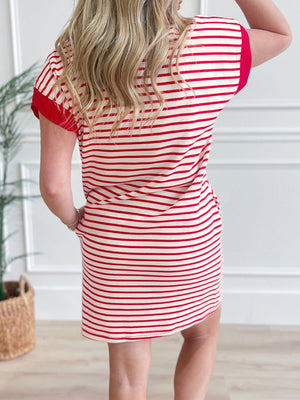 Red and cream striped cotton polo collar dress with pockets.