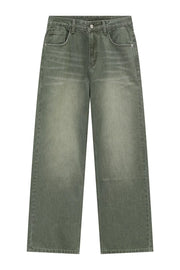 Faded olive relaxed wide leg denim jeans with a comfortable fit.